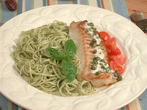 Fillet of Haddock with Capers Pasta and Pesto